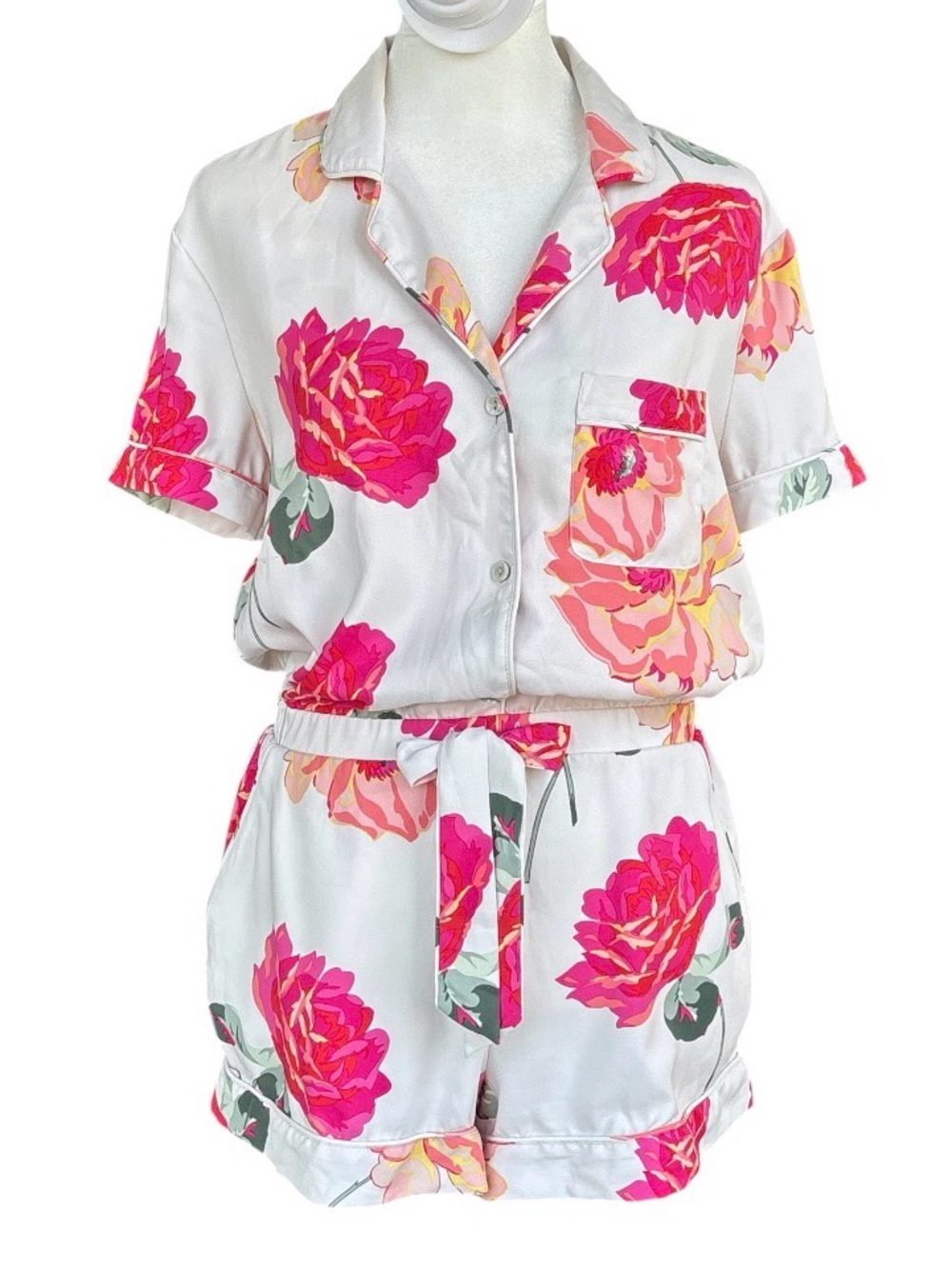 Victoria’s Secret Satin Floral Pajama Loungewear Romper Shorts White/Pink S